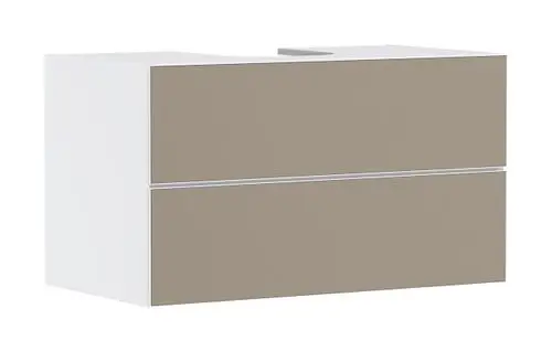 Hansgrohe Waschtischunterschrank in Mattweiß mit zwei Schubkästen, schräg geschnitten, minimalistisches Design, geeignet für einen Aufsatzwaschtisch.